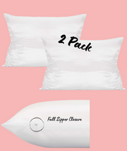 Picture of Standard size satin pillowcase, color White. Text in photo says: 2 Pack, Full Zipper Closure.